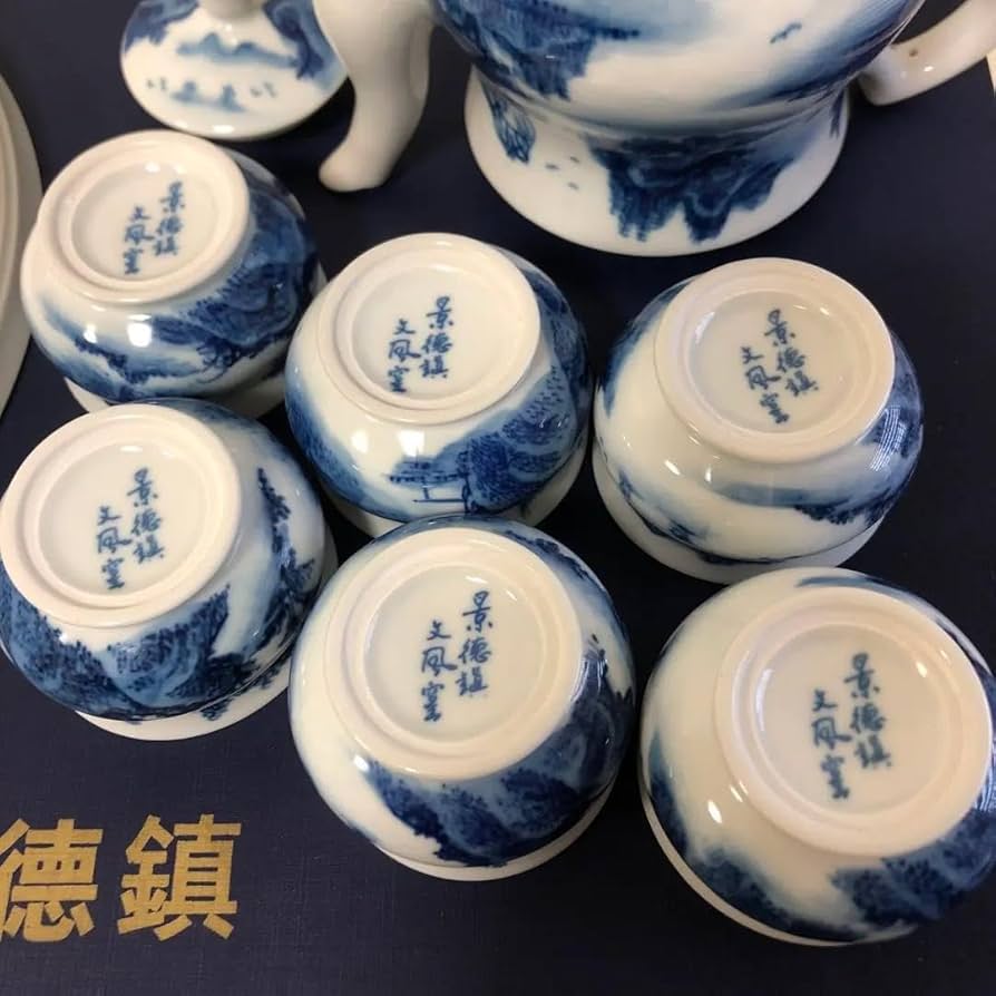 未使用】中国景徳鎮 茶器セット 文風窯 青花磁器 山水柄